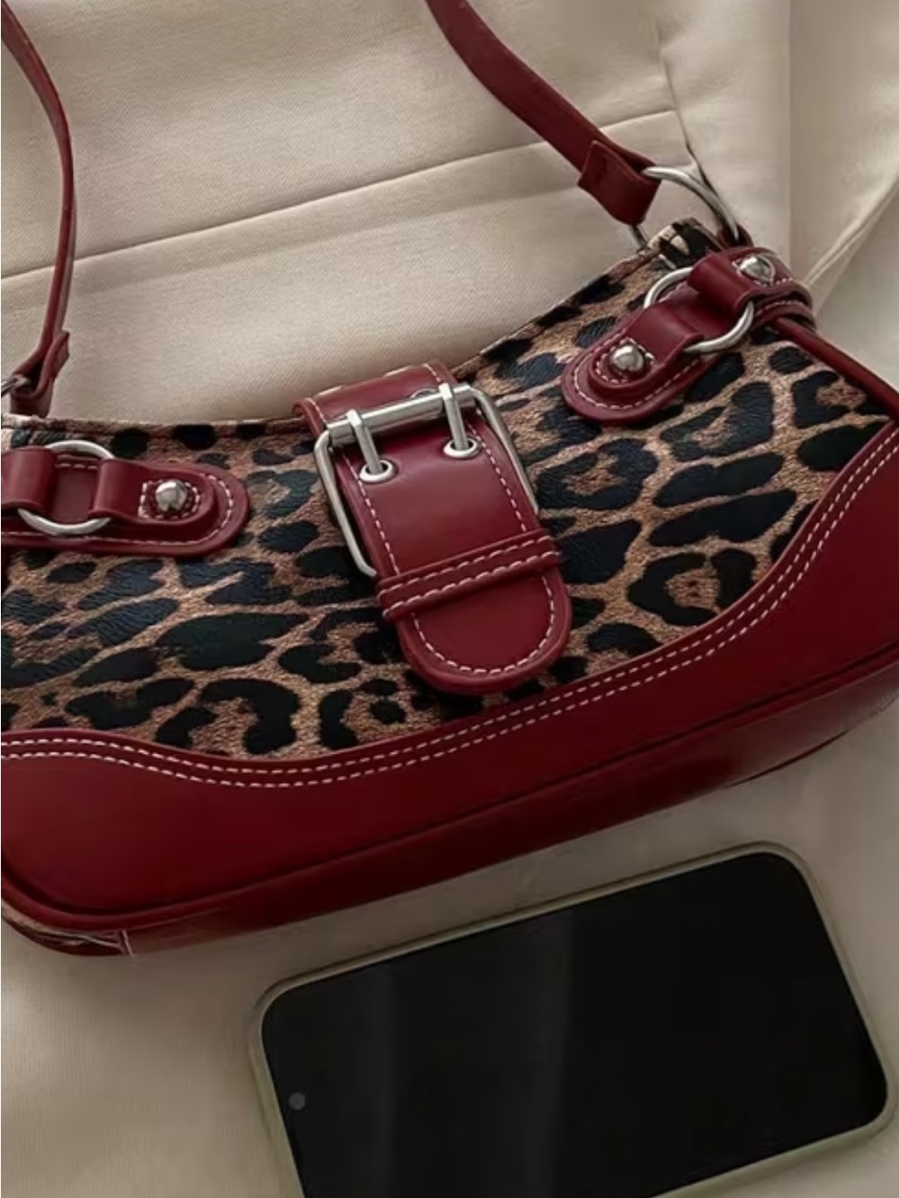 Leopard Print Shoulder Bag with Burgundy Trim